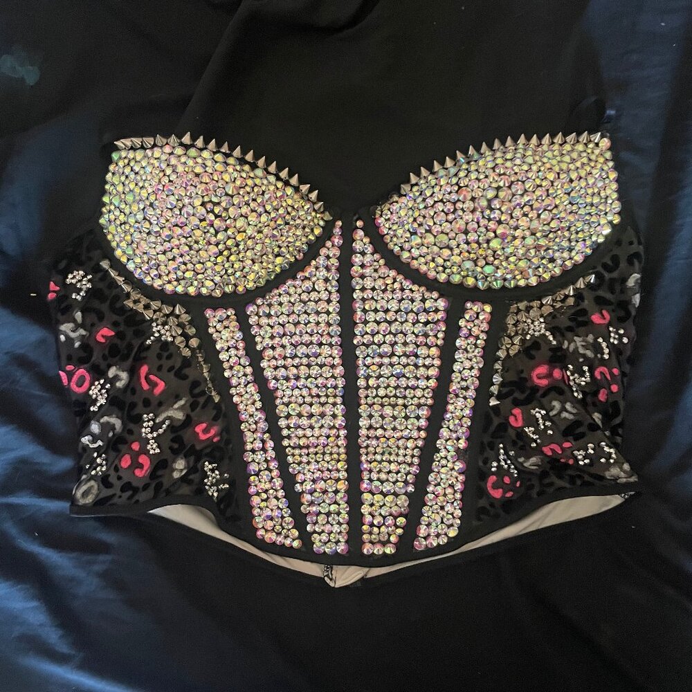 Lace Bustier Upcycled Beaded Rhinestones Crystals Corset Punk Goth BDSM